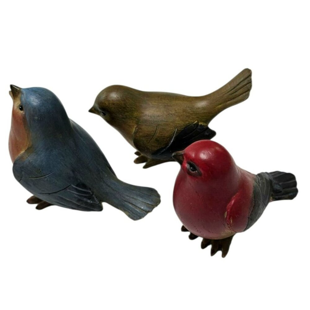 3 Vintage Tii Bird Figurine Red Tanager Bluebird Brown Wren Rustic Country Decor - Picture 13 of 16